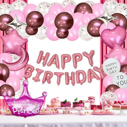 70PCS Birthday Decorations Balloon, 3D Pink Happy Birthday Banner, Heart Star Confetti Moon Crown Balloons, Birthday Party Décor with Balloon Pump Knotter in Kuwait
