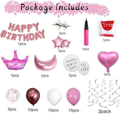 70PCS Birthday Decorations Balloon, 3D Pink Happy Birthday Banner, Heart Star Confetti Moon Crown Balloons, Birthday Party Décor with Balloon Pump Knotter in Kuwait