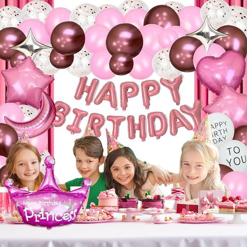 70PCS Birthday Decorations Balloon, 3D Pink Happy Birthday Banner, Heart Star Confetti Moon Crown Balloons, Birthday Party Décor with Balloon Pump Knotter in Kuwait