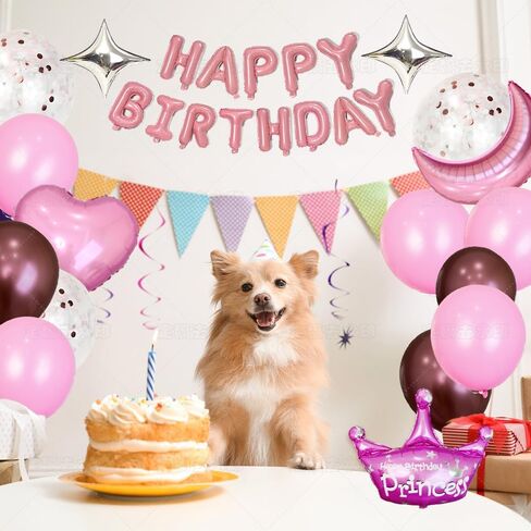 70PCS Birthday Decorations Balloon, 3D Pink Happy Birthday Banner, Heart Star Confetti Moon Crown Balloons, Birthday Party Décor with Balloon Pump Knotter in Kuwait