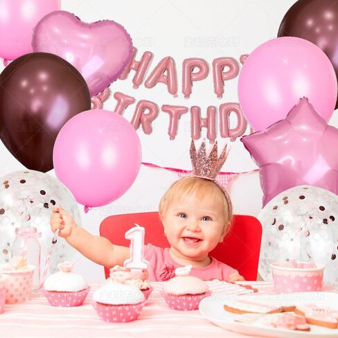 70PCS Birthday Decorations Balloon, 3D Pink Happy Birthday Banner, Heart Star Confetti Moon Crown Balloons, Birthday Party Décor with Balloon Pump Knotter in Kuwait