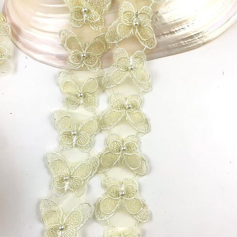 Heyiwell 2Yard Pearl Butterfly Embroidered Lace Edge Trim Ribbon, Sewing Lace Ribbon Trim Patches Applique for DIY Wedding Dress Sewing Craft-Green in Kuwait