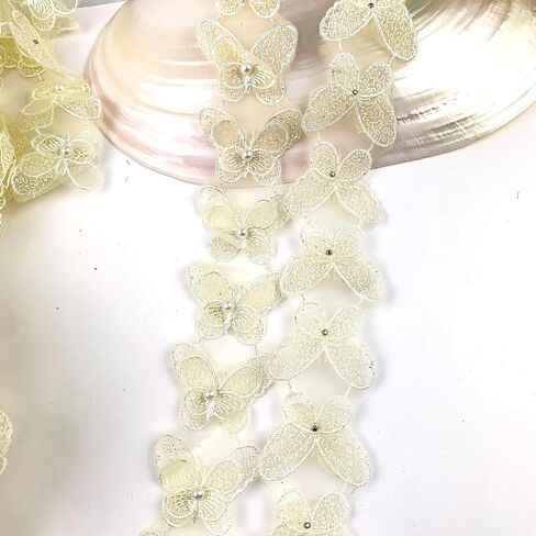 Heyiwell 2Yard Pearl Butterfly Embroidered Lace Edge Trim Ribbon, Sewing Lace Ribbon Trim Patches Applique for DIY Wedding Dress Sewing Craft-Green in Kuwait