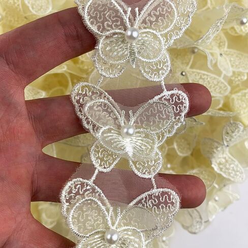 Heyiwell 2Yard Pearl Butterfly Embroidered Lace Edge Trim Ribbon, Sewing Lace Ribbon Trim Patches Applique for DIY Wedding Dress Sewing Craft-Green in Kuwait