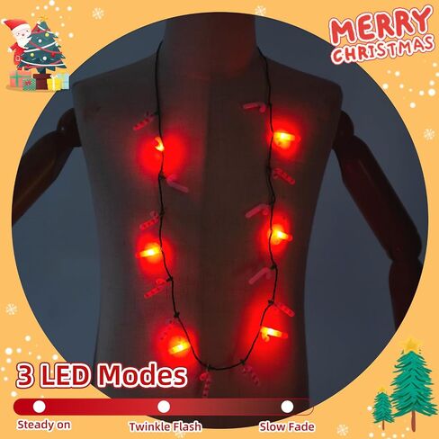POPLAY 2PCS Christmas LED Necklaces, Light Up Candy Cane Necklace Light Christmas Light-up Necklace for Kids Adults Xmas Party Favors Christmas Decorations in Kuwait