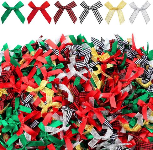 WILLBOND 400 Pieces Christmas Mini Bows Small Satin Ribbon Bows Glitter Bows Bowknot for Wedding Birthday Party Decoration Wrapping Craft Supplies, 6 Colors in Saudi Arabia