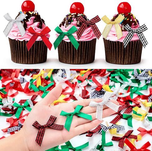 WILLBOND 400 Pieces Christmas Mini Bows Small Satin Ribbon Bows Glitter Bows Bowknot for Wedding Birthday Party Decoration Wrapping Craft Supplies, 6 Colors in Saudi Arabia