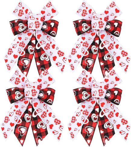 Threetols 4PCS Valentine's Day Wreath Bows, Black and White Buffalo Plaid Bows for Wreath Christmas Bows for Front Door, Red Glitter Heart Decoration Bows for Indoor Outdoor Wedding Party in Saudi Arabia