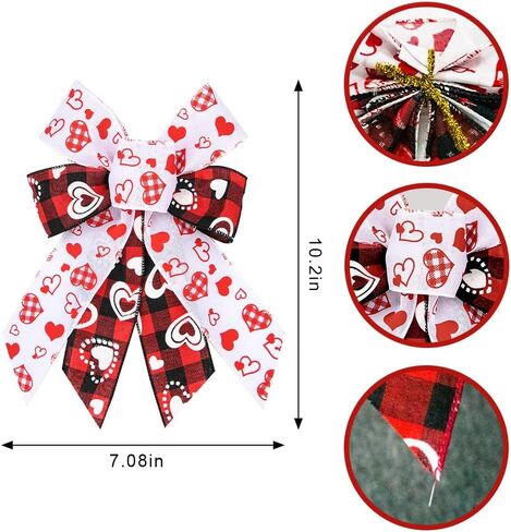 Threetols 4PCS Valentine's Day Wreath Bows, Black and White Buffalo Plaid Bows for Wreath Christmas Bows for Front Door, Red Glitter Heart Decoration Bows for Indoor Outdoor Wedding Party in Saudi Arabia