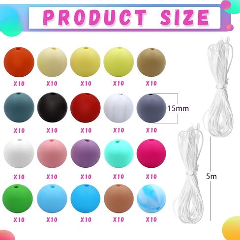Jyongmer 200 قطعة من خرز السيليكون، 15 مم خرز سيليكون 20 لونًا كلاسيكيًا من خرز السيليكون لصنع سلسلة المفاتيح خرز سيليكون دائري فضفاض لإكسسوارات المجوهرات اليدوية المصنوعة يدويًا in Kuwait