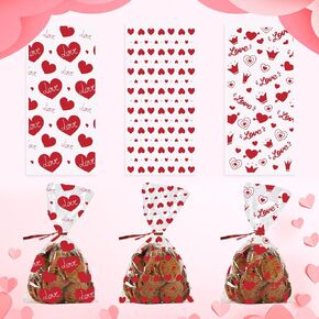 ALIBBON 150 Pcs Valentine's Day Treat Bags Valentines Candy Bags Cookie Bags Heat Sealable Valentine Goodie Bags with 150 Pcs Red Twist Ties for Valentines Gift Wrapping 3 Assorted Styles 11 x 5 Inch