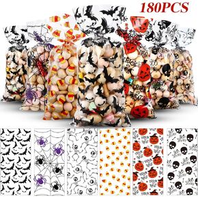 180 Pieces Halloween Treat Bags Trick or Treat Cellophane Plastic Candy Goodie Favor Bags with 200 Pieces Orange and Silver Twist Ties for Kids Halloween Party Supplies, 6 Assorted Styles in Kuwait