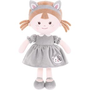 Onetoo Baby Doll أول دمية طفل دمية طفل ناعمة للفتيات دمية خرقة قطيفة ملابس كيتي زي فستان رمادي 14 بوصة