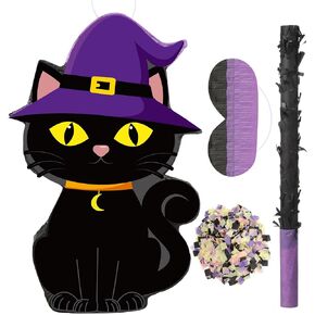 Aoriher Halloween Pinata Halloween Cat Pinata Spooky Halloween Party لوازم حلوى القطة السوداء المملوءة بيناتا مع عصا معصوب العينين ومجموعة قصاصات لتزيين حفلات عيد الهالوين in Kuwait