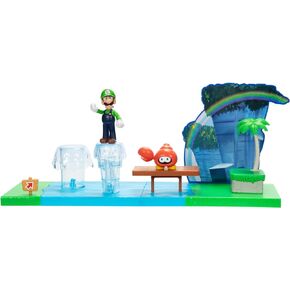 Super Mario Sparkling Waters Action Figures Playset Includes 2.5 Inch Luigi & Red Huckit Crab with Interactive Pieces