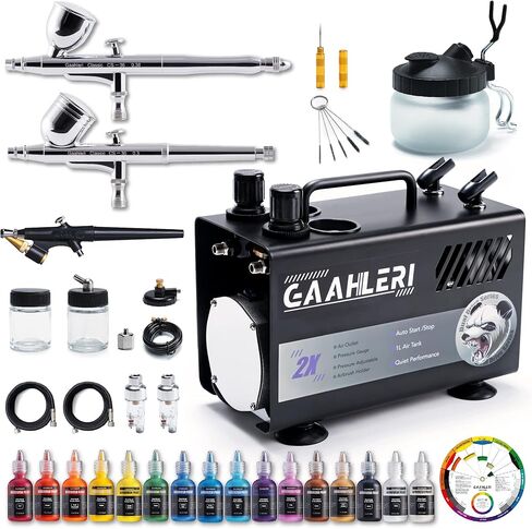 مجموعة بخاخة Gaahleri ​​مع خزان هواء ضاغط سعة 1 لتر احترافي 3 مسدس رش هوائي نظام مخرج مزدوج 1/5 حصان و16 طقم تنظيف ألوان طلاء البخاخة الأساسية لنموذج الرسم وتلوين فن الأظافر in Kuwait