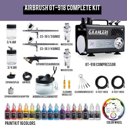 مجموعة بخاخة Gaahleri ​​مع خزان هواء ضاغط سعة 1 لتر احترافي 3 مسدس رش هوائي نظام مخرج مزدوج 1/5 حصان و16 طقم تنظيف ألوان طلاء البخاخة الأساسية لنموذج الرسم وتلوين فن الأظافر in Kuwait