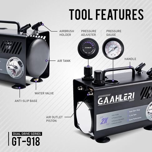 مجموعة بخاخة Gaahleri ​​مع خزان هواء ضاغط سعة 1 لتر احترافي 3 مسدس رش هوائي نظام مخرج مزدوج 1/5 حصان و16 طقم تنظيف ألوان طلاء البخاخة الأساسية لنموذج الرسم وتلوين فن الأظافر in Kuwait