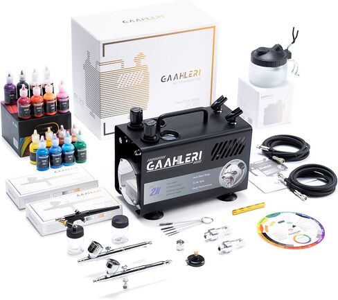 مجموعة بخاخة Gaahleri ​​مع خزان هواء ضاغط سعة 1 لتر احترافي 3 مسدس رش هوائي نظام مخرج مزدوج 1/5 حصان و16 طقم تنظيف ألوان طلاء البخاخة الأساسية لنموذج الرسم وتلوين فن الأظافر in Kuwait
