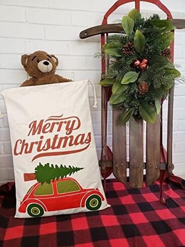 حقائب عيد الميلاد الكبيرة من جولي جون أكياس سانتا ~ تصميم كيس سانتا على شكل قصب حلوى أخضر - كيس هدايا قطن مقاس 27 بوصة × 19 بوصة - كيس هدايا سانتا قابل لإعادة الاستخدام برباط إغلاق in Kuwait