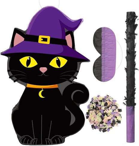 Aoriher Halloween Pinata Halloween Cat Pinata Spooky Halloween Party Supplies Black Cat Candy Filled Pinata with Stick Blindfold and Confetti Set for Birthday Halloween Theme Party Decoration in Saudi Arabia