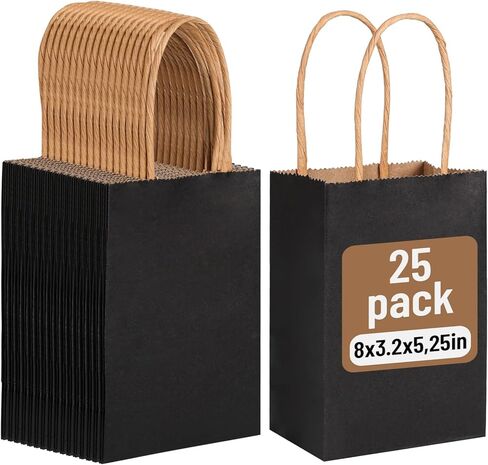 Moretoes 25pcs Black Paper Bags 5.25x3.2x8 Inches Kraft Paper Bags Small Gift Bags with Handles Bulk, Retail Bags for Small Business, Shopping, Merchandise, Birthday Wedding Party Favor Bags in Kuwait