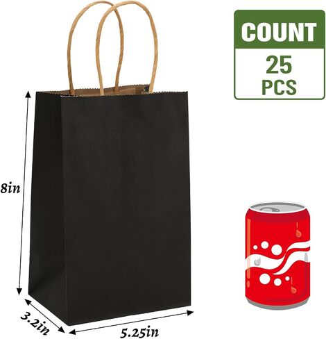 Moretoes 25pcs Black Paper Bags 5.25x3.2x8 Inches Kraft Paper Bags Small Gift Bags with Handles Bulk, Retail Bags for Small Business, Shopping, Merchandise, Birthday Wedding Party Favor Bags in Kuwait