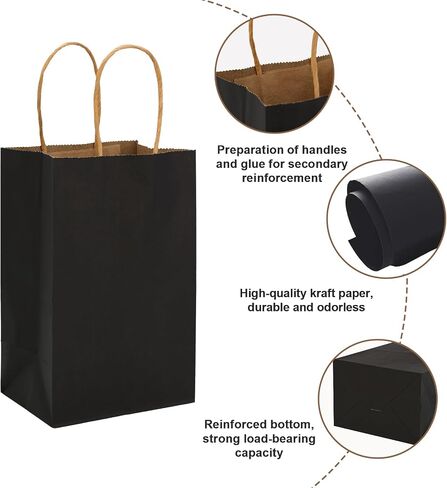 Moretoes 25pcs Black Paper Bags 5.25x3.2x8 Inches Kraft Paper Bags Small Gift Bags with Handles Bulk, Retail Bags for Small Business, Shopping, Merchandise, Birthday Wedding Party Favor Bags in Kuwait