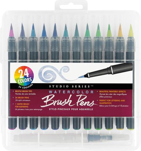 Studio Series Watercolor Brush Marker Pens (Set of 24 pens, plus bonus water brush), Great for Hand Lettering, Calligraphy, Manga, Comics, Adult Coloring Books, Journals, and all DIY Drawing Art in Saudi Arabia