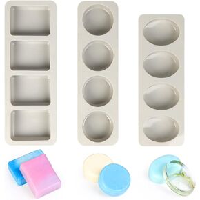 3 عبوات من قوالب السيليكون المصنوعة يدويًا من GYHTOO، 4 قوالب تذوب الشمع، قوالب صابون لصنع الصابون - متضمنة بشكل دائري وبيضاوي ومستطيل، مثالية لصابون الحليب، وشموع الرائحة لصنع قوالب in Kuwait