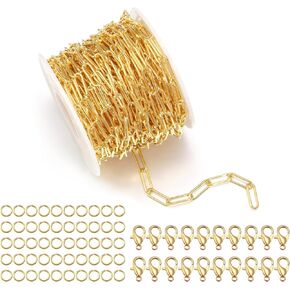 Forise 30 Feet Gold Plated Cable Links Chain 4mm Necklace Chains for DIY Jewelry Making,Necklace Chains Set with 20Pcs Lobster Clasps 50Pcs Jump Rings