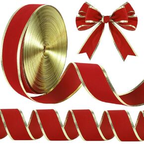 شريط مخملي سلكي للكريسماس بطول 50 ياردة مع حافة ذهبية وشريط احمر مخملي مقاوم للماء لتغليف الهدايا والحرف اليدوية وعطلة الكريسماس وزينة الزفاف in Kuwait