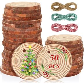2.4-2.8 Inch Christmas Natural Wood Slices Predrilled with Hole Unfinished Wood Kit Wood Rounds with Hanging Rope and Barks for DIY Art Craft Christmas Wedding Ornaments (50 Pcs) in Saudi Arabia