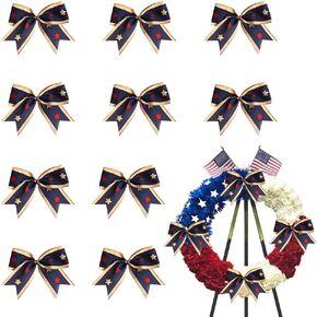 ABTOLS 10PCS Patriotic Wreath Bows, Blue Star Bows for Wreath Stripe Bows for Labor Day Front Door Veterans Day Bows for Indoor Outdoor Decor Patriotic Tree Bows for Labor Day Decor Supply