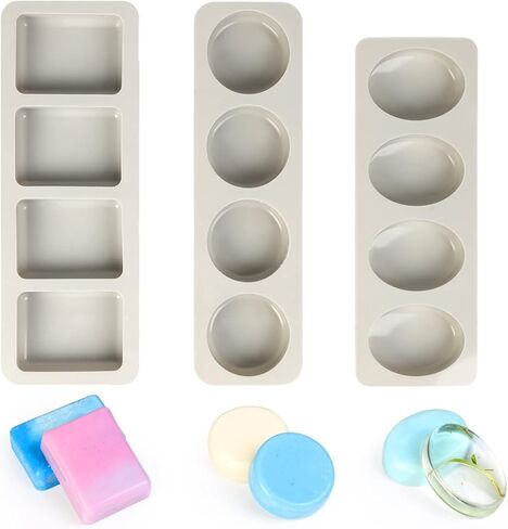 3 عبوات من قوالب السيليكون المصنوعة يدويًا من GYHTOO، 4 قوالب تذوب الشمع، قوالب صابون لصنع الصابون - متضمنة بشكل دائري وبيضاوي ومستطيل، مثالية لصابون الحليب، وشموع الرائحة لصنع قوالب in Kuwait