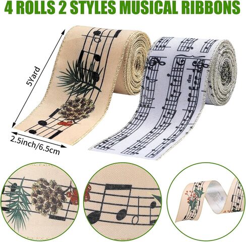 4 Rolls 20 Yard Music Note Wired Ribbon 2.5 Inch Christmas Wired Ribbon Musical Ribbons Christmas Tree Decor Craft Decor Music Gift for Wrapping Bows Wreaths DIY Craft Party Decoration in Saudi Arabia
