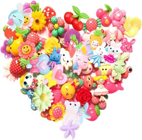40 pcs Slime Charms Mix Lot 3D Candy Flower Bow Crown Fruit Animal Resin Flatback Slime Bead Button Supply for DIY Scrapbooking Embellishment, Phonecover Hair Clip Jewelry Craft Accessory in Kuwait