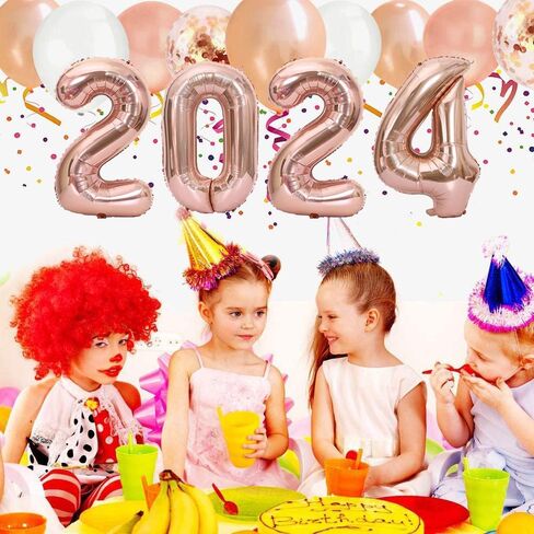 لوازم حفلات رأس السنة الجديدة 2024، ديكورات العام الجديد باللون الذهبي الوردي 2024 مع لافتة سنة جديدة سعيدة، بالون فويل 2024، ستارة ذات أهداب من رقائق معدنية، بالونات زجاجية لزجاجة الشمبانيا لديكور حفلات رأس السنة الجديدة in Kuwait