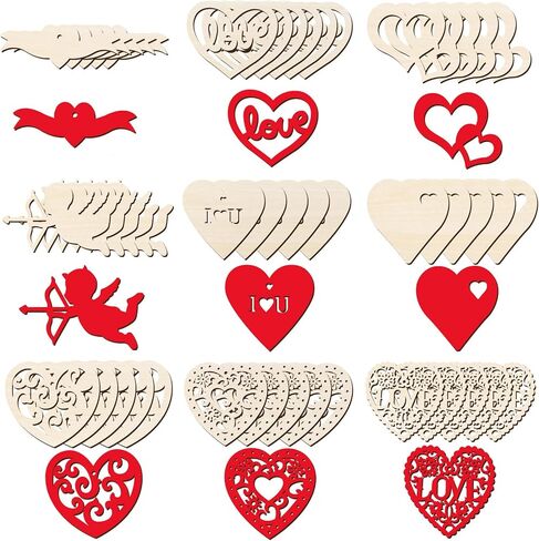 45 Pieces Valentine Wooden Cutouts Wood Heart Cutouts Ornaments Unfinished Heart Wood Slices Wood Cupid Shape Slices with 45 Pieces Hemp Rope for Valentine's Day Wedding DIY Supplies in Saudi Arabia