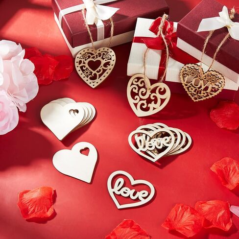 45 Pieces Valentine Wooden Cutouts Wood Heart Cutouts Ornaments Unfinished Heart Wood Slices Wood Cupid Shape Slices with 45 Pieces Hemp Rope for Valentine's Day Wedding DIY Supplies in Saudi Arabia