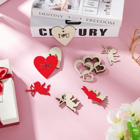 45 Pieces Valentine Wooden Cutouts Wood Heart Cutouts Ornaments Unfinished Heart Wood Slices Wood Cupid Shape Slices with 45 Pieces Hemp Rope for Valentine's Day Wedding DIY Supplies in Saudi Arabia