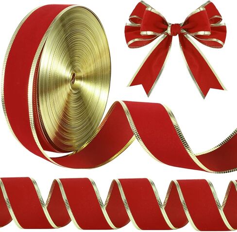 شريط مخملي سلكي للكريسماس بطول 50 ياردة مع حافة ذهبية وشريط احمر مخملي مقاوم للماء لتغليف الهدايا والحرف اليدوية وعطلة الكريسماس وزينة الزفاف in Kuwait