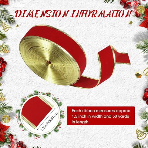شريط مخملي سلكي للكريسماس بطول 50 ياردة مع حافة ذهبية وشريط احمر مخملي مقاوم للماء لتغليف الهدايا والحرف اليدوية وعطلة الكريسماس وزينة الزفاف in Kuwait