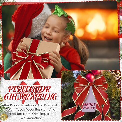 شريط مخملي سلكي للكريسماس بطول 50 ياردة مع حافة ذهبية وشريط احمر مخملي مقاوم للماء لتغليف الهدايا والحرف اليدوية وعطلة الكريسماس وزينة الزفاف in Kuwait