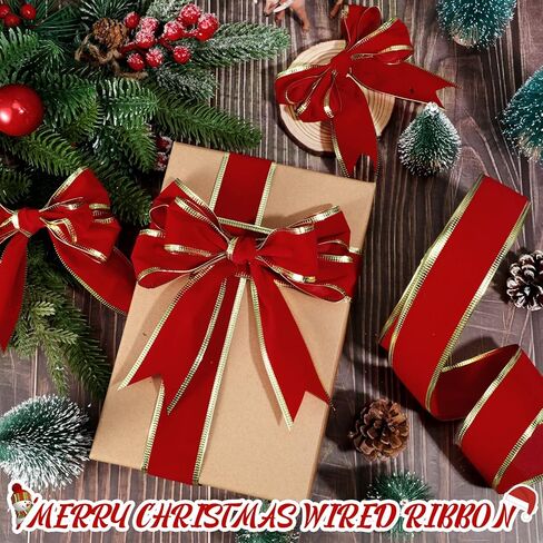 شريط مخملي سلكي للكريسماس بطول 50 ياردة مع حافة ذهبية وشريط احمر مخملي مقاوم للماء لتغليف الهدايا والحرف اليدوية وعطلة الكريسماس وزينة الزفاف in Kuwait