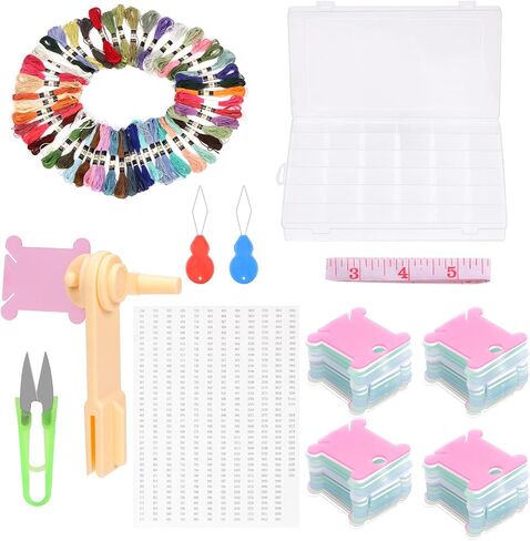 Tanstic 157Pcs Embroidery Floss Organizer Kit, Include 50 Color Embroidery Floss, Floss Bobbins, Bobbin Winder, Stickers, Needle Threader, Ruler, Scissor with 36 Compartments Jewelry Storage Box in Saudi Arabia