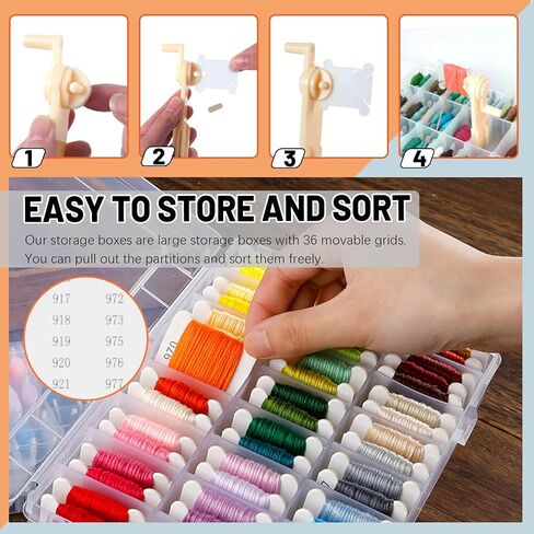 Tanstic 157Pcs Embroidery Floss Organizer Kit, Include 50 Color Embroidery Floss, Floss Bobbins, Bobbin Winder, Stickers, Needle Threader, Ruler, Scissor with 36 Compartments Jewelry Storage Box in Saudi Arabia