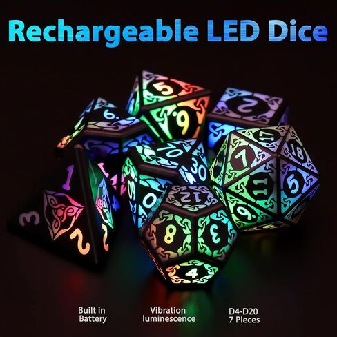 مجموعة نرد LED مكونة من 7 قطع، نرد DND قابل لإعادة الشحن مع صندوق شحن، هز لإضاءة النرد الملون، ZHOORQI Dungeons & Dragons Dice USB شحن، نرد لعب الأدوار لألعاب الطاولة D&D (كرة القدم-3 ألوان) in Kuwait