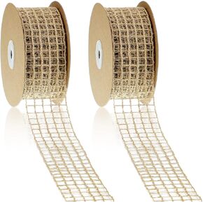 2 Rolls Mesh Burlap Wired Ribbon Open Weave Burlap Net Ribbon Fabric DIY Craft for Wrapping Bow Wreath Party DIY Crafts Home Decor(20 Yards x 2 Inch,5 Square Grids) in Kuwait