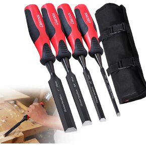 مجموعة أزاميل خشبية مكونة من 4 قطع من RUITOOL، أزاميل نحت الخشب بمقبض مريح لأدوات النجارة مع نهاية المطرقة، شفرة حافة مشطوفة من الفولاذ CR-V أدوات نجارة احترافية مع حقيبة أكسفورد in Kuwait